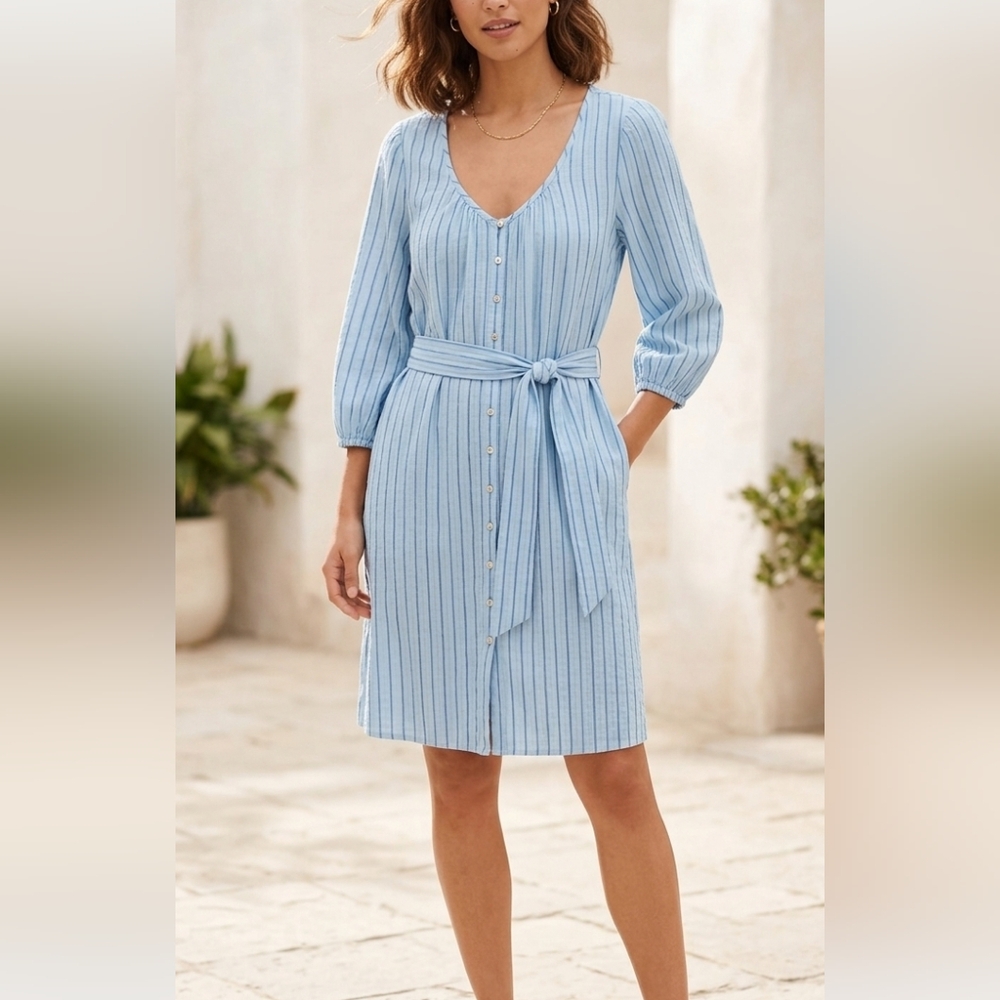 ​J.Crew Blue & White Striped Tie-Waist Shirt Dress - Size M 3/4 Sleeves